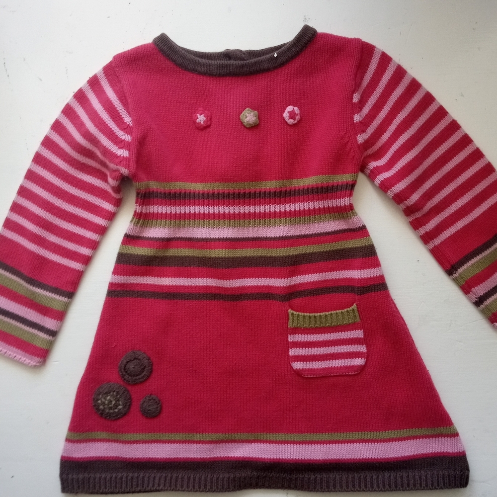💫Petit Lem Baby Girl Pink & Green/ Brown Striped Embroided Knit Cotton Dress